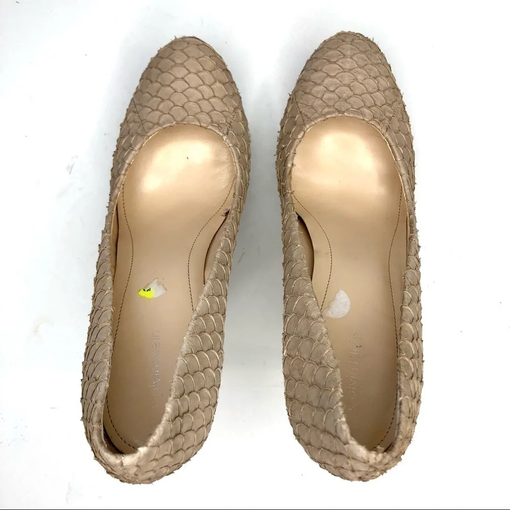 Calvin Klein Kendall fish skin textured scaly stilettos platform tan beige sand